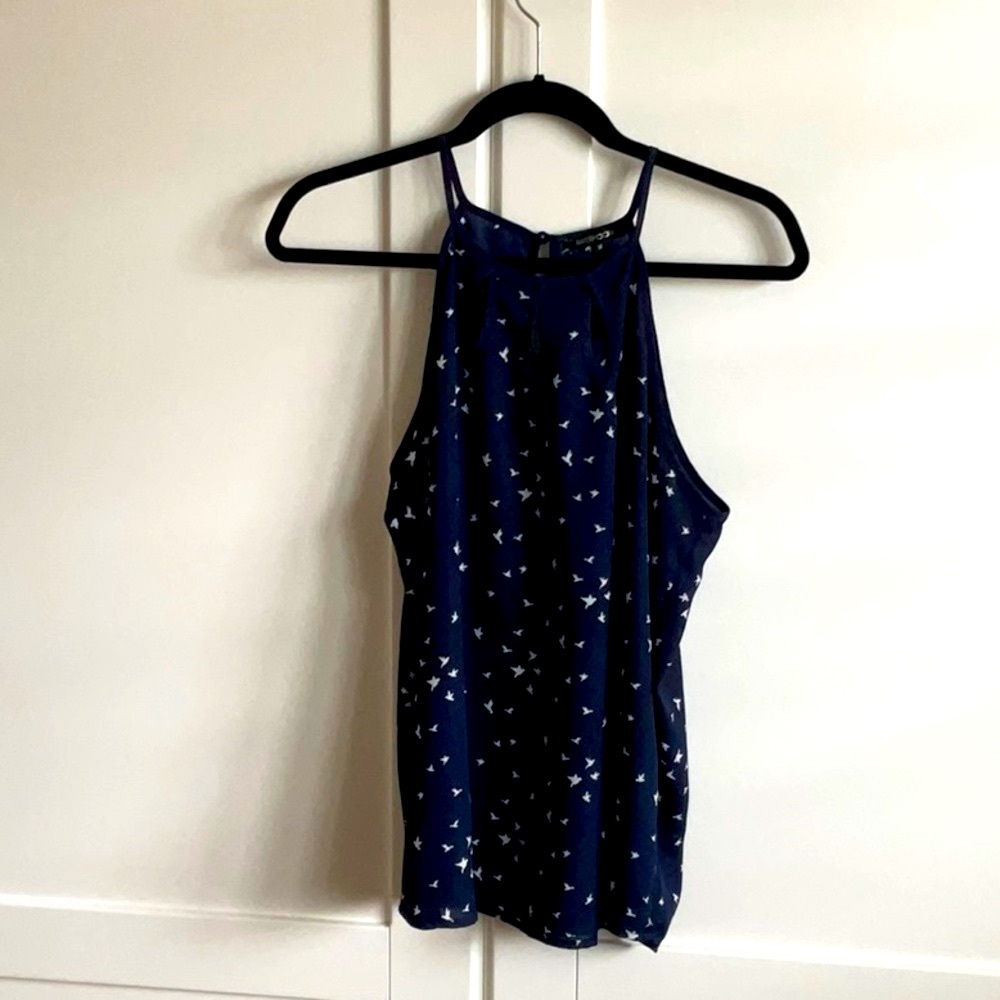 Navy Blue Bird Patterned Women's Tank with cut out neckline